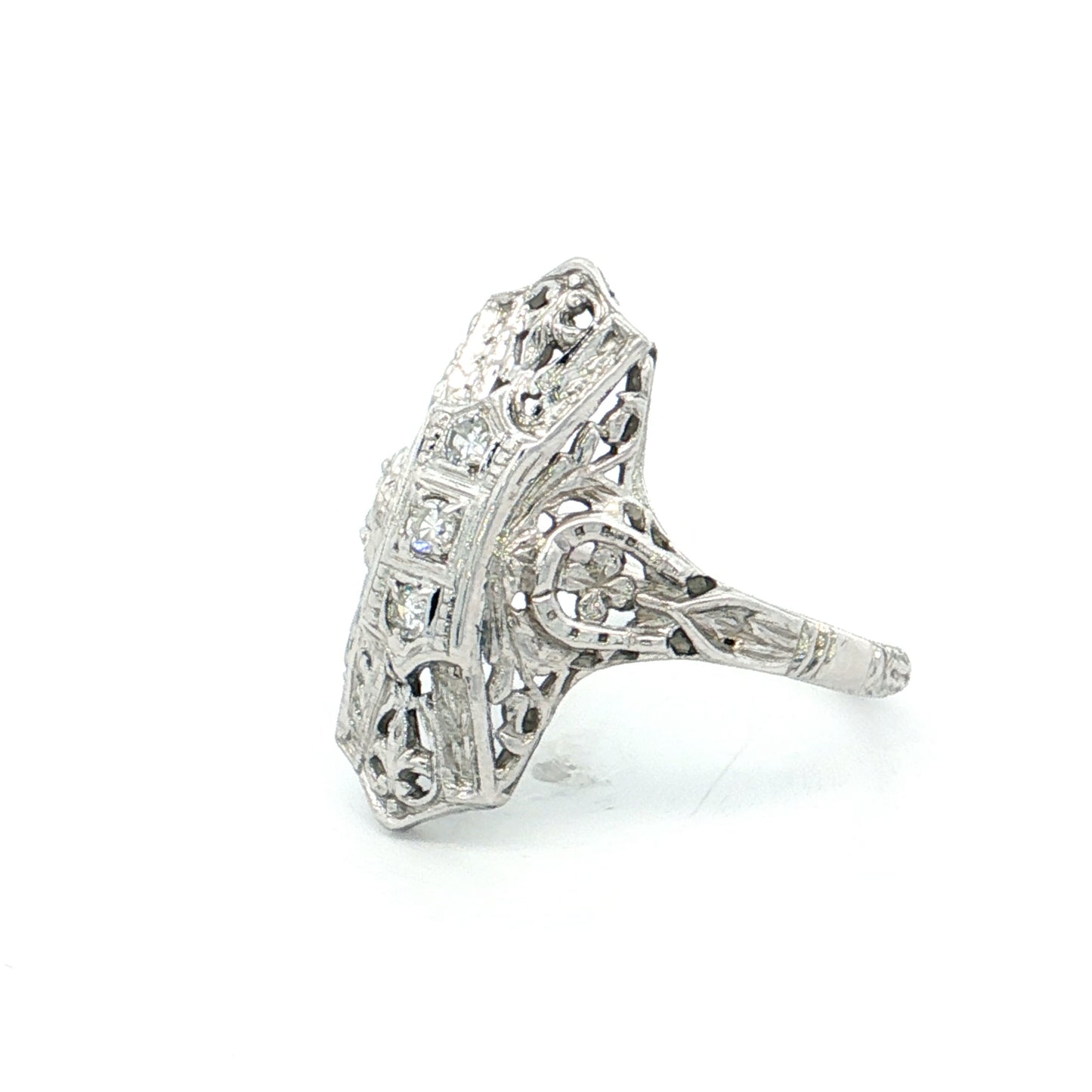 .09 Art Deco Filigree Navette Cocktail Ring 18k White Gold