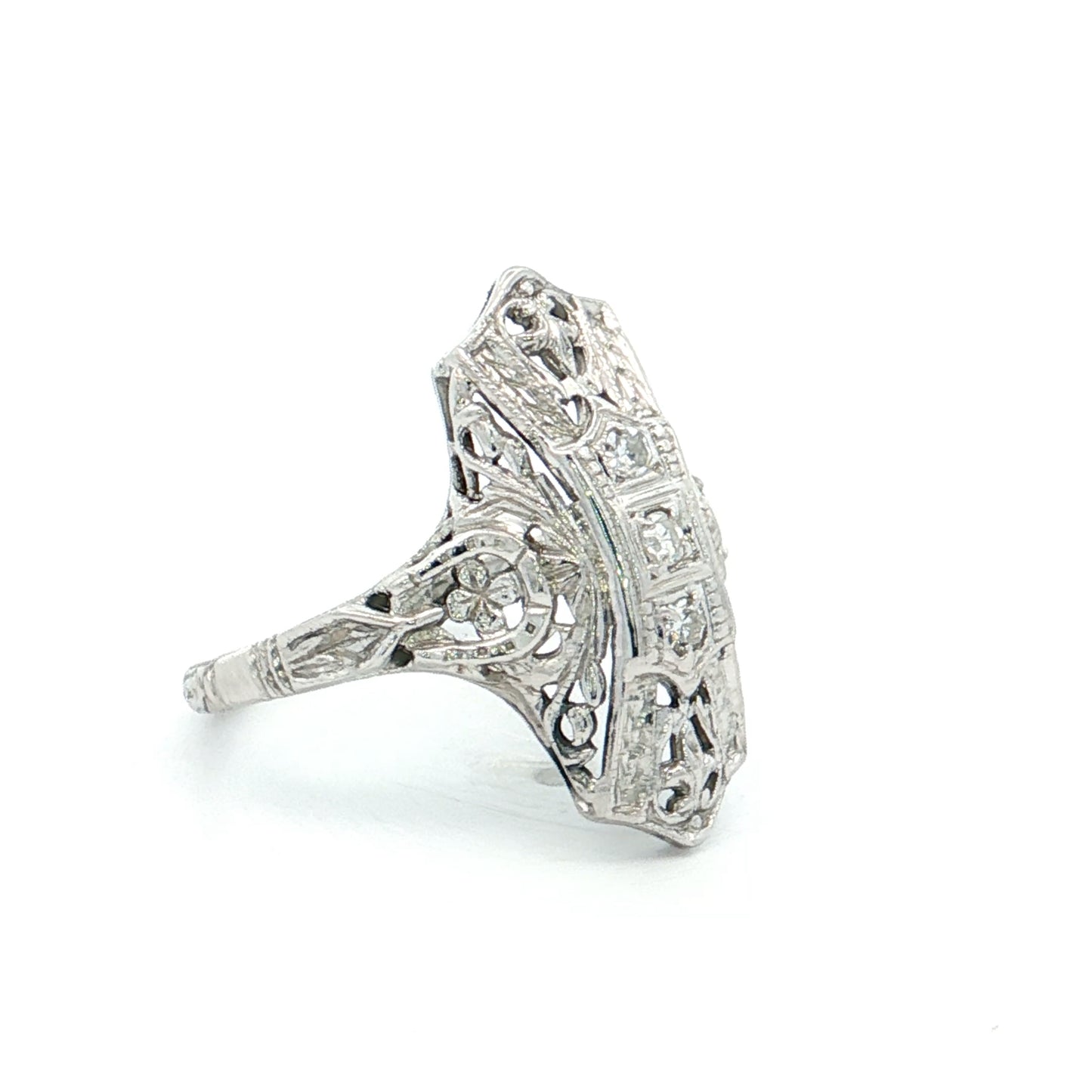 .09 Art Deco Filigree Navette Cocktail Ring 18k White Gold