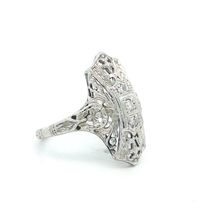 .09 Art Deco Filigree Navette Cocktail Ring 18k White Gold