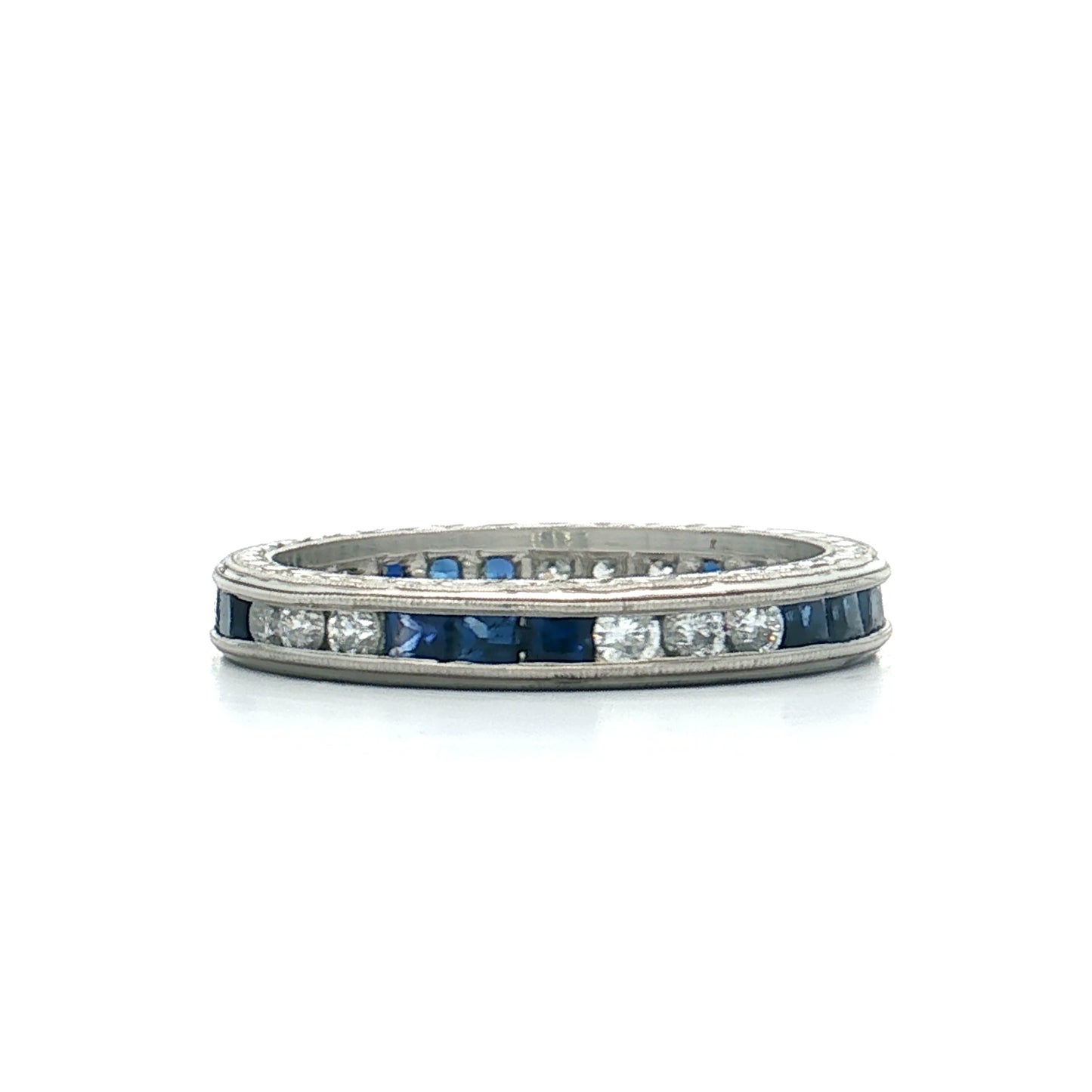 Square Cut Sapphire & RBC Diamond Wedding Band Platinum