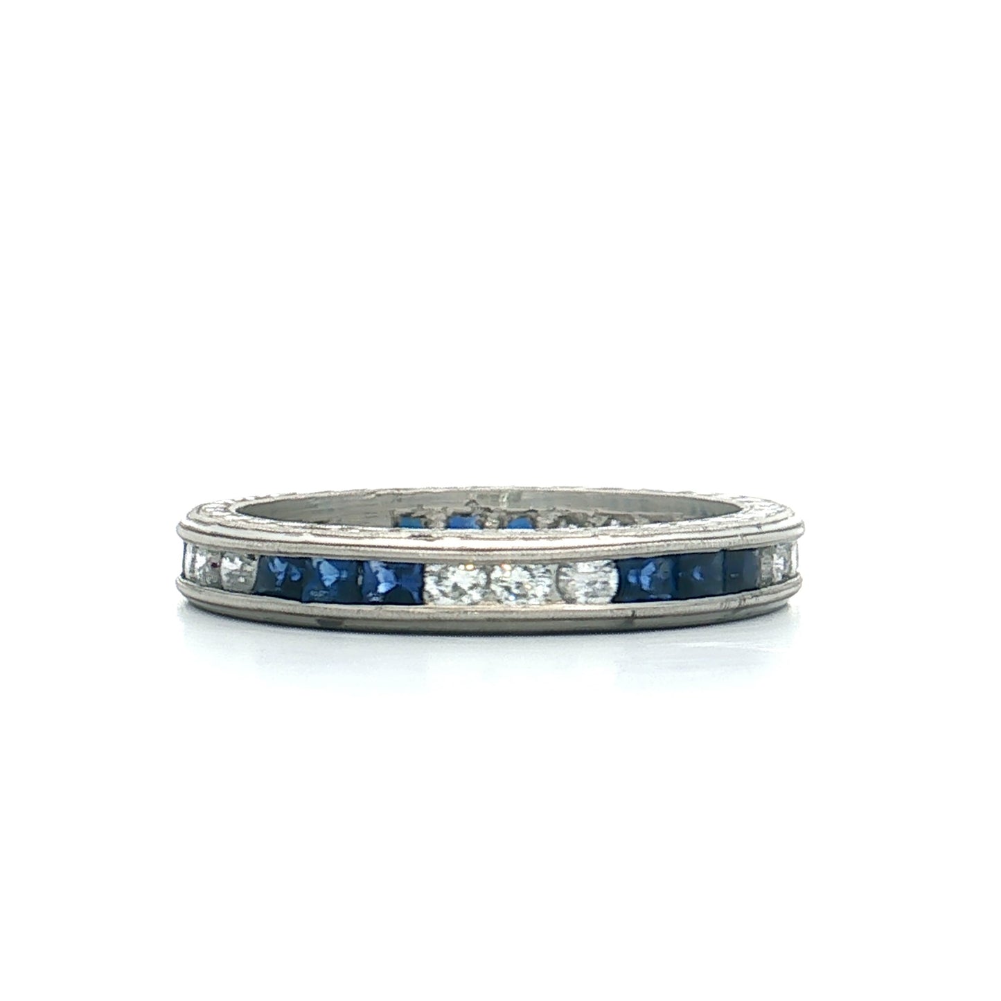 Square Cut Sapphire & RBC Diamond Wedding Band Platinum