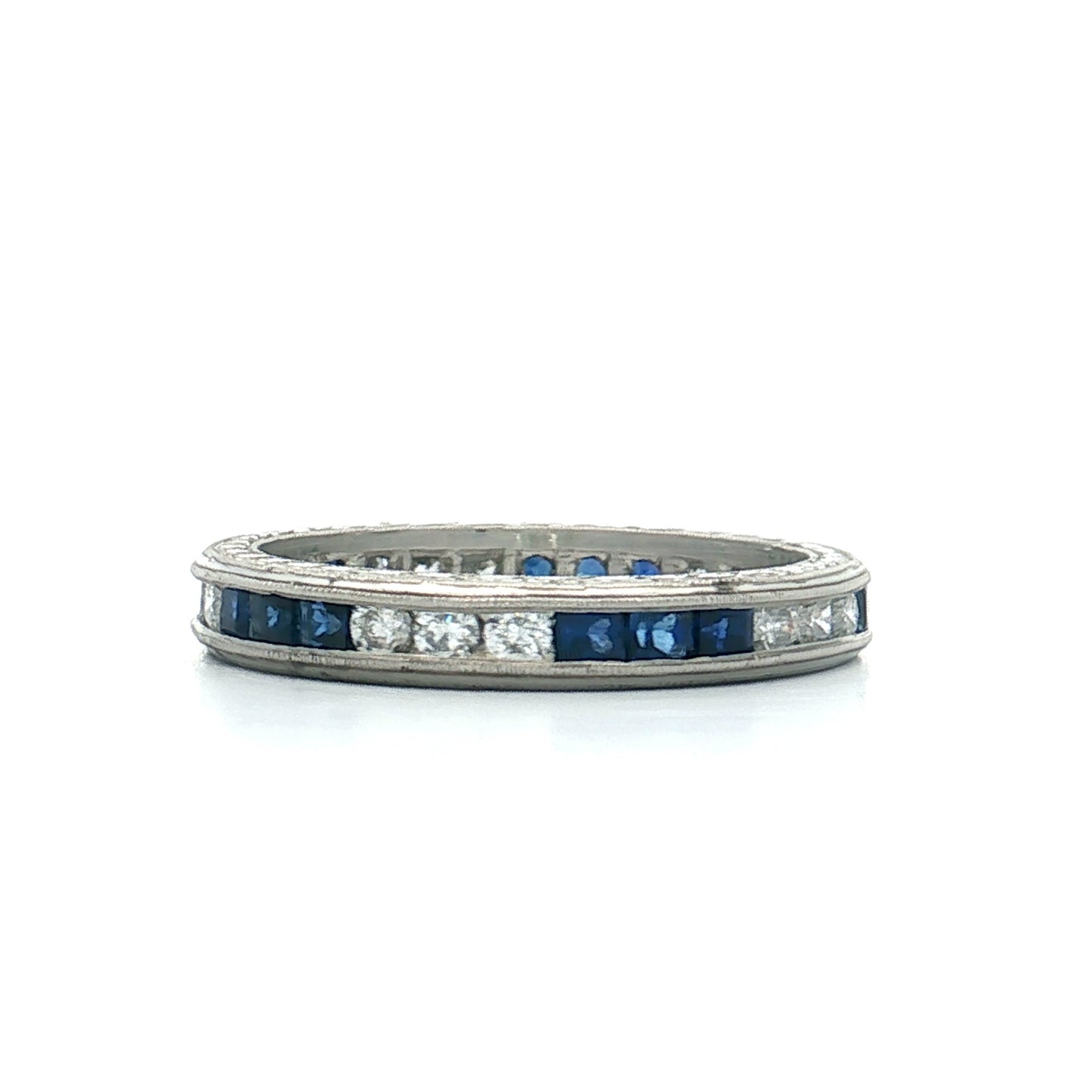 Square Cut Sapphire & RBC Diamond Wedding Band Platinum