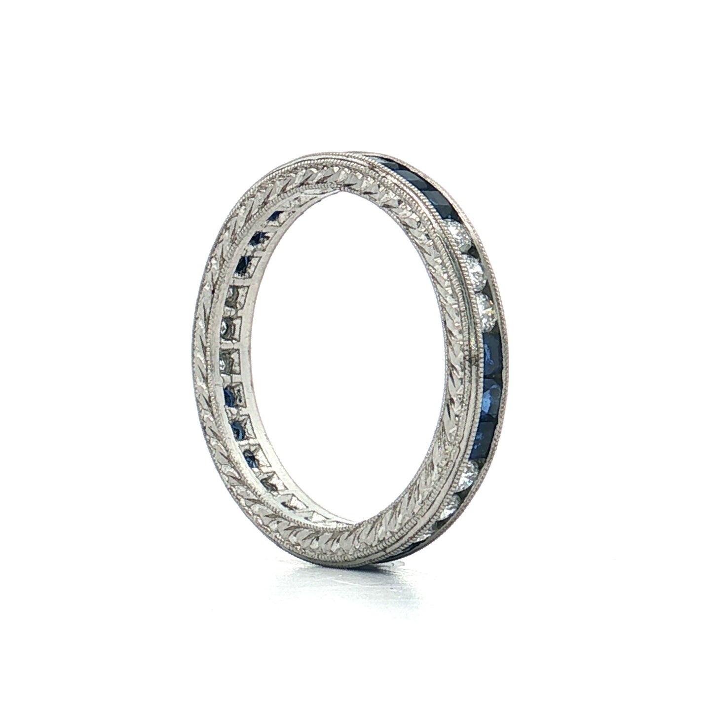 Square Cut Sapphire & RBC Diamond Wedding Band Platinum