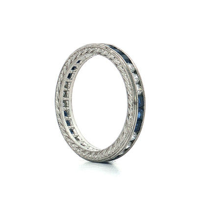 Square Cut Sapphire & RBC Diamond Wedding Band Platinum