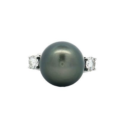 Black Pearl & Diamond Cocktail Ring 18k White Gold