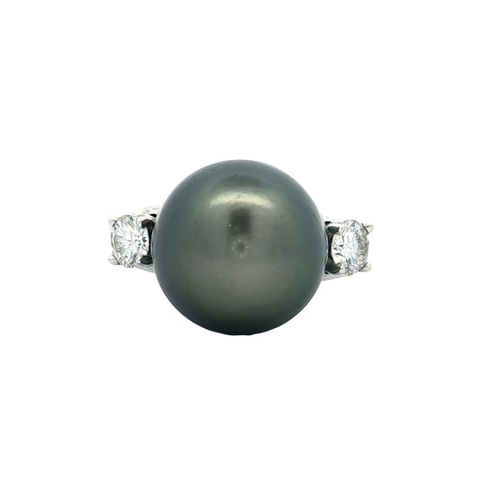 Black Pearl & Diamond Cocktail Ring 18k White Gold