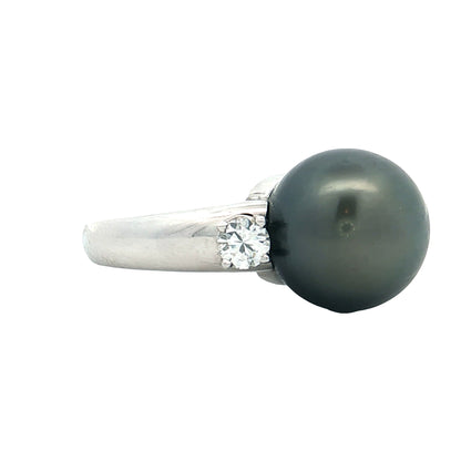 Black Pearl & Diamond Cocktail Ring 18k White Gold