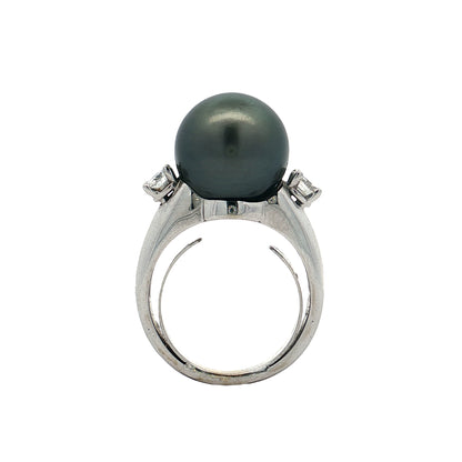 Black Pearl & Diamond Cocktail Ring 18k White Gold