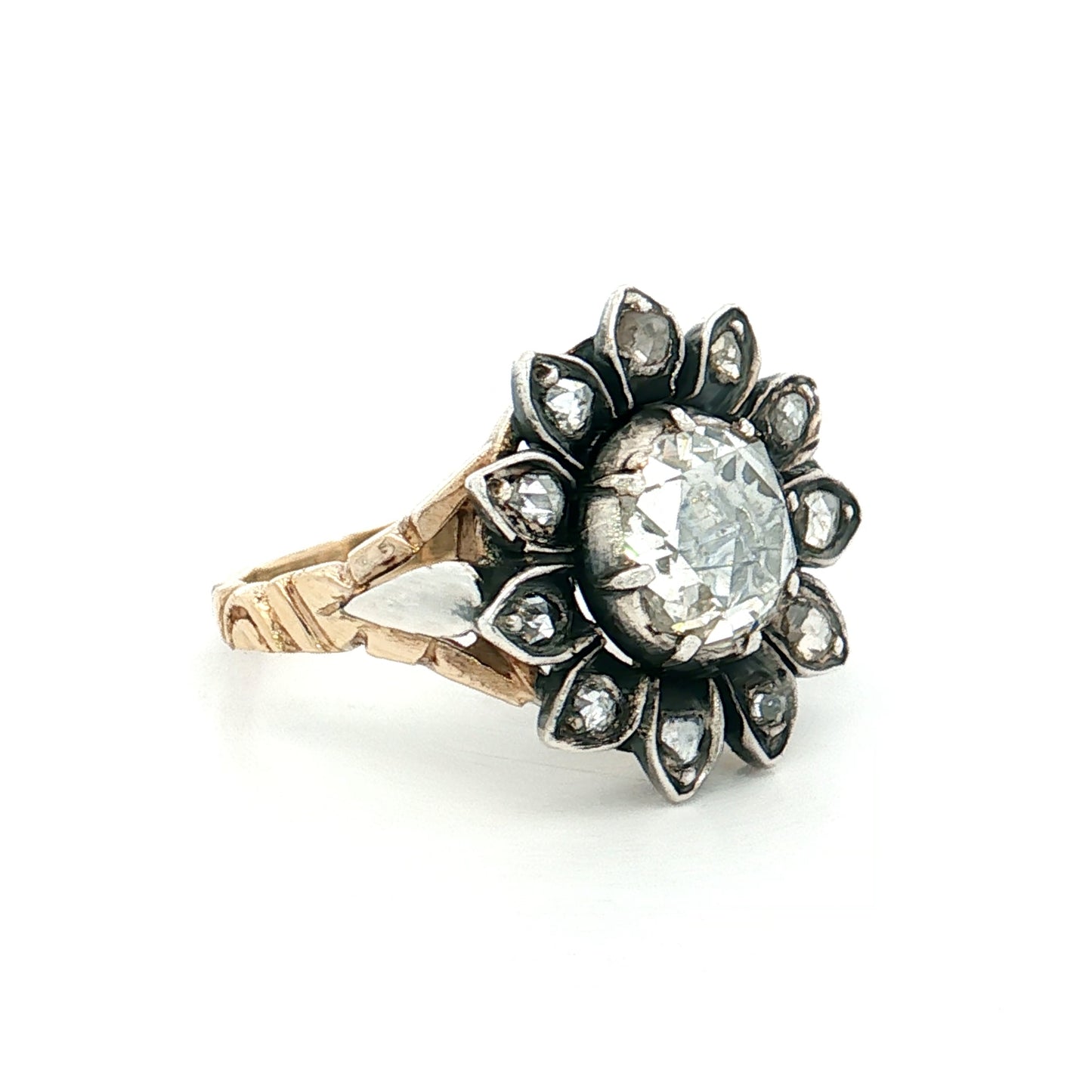 1.25 Antique Georgian Rose Cut Diamond Cocktail Ring 14k