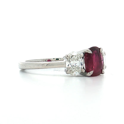 1.48 Ruby & Diamond Three Stone Ring 18k White Gold