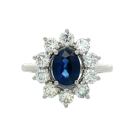 1.39 Oval Blue Sapphire and Diamond Halo Ring in Platinum