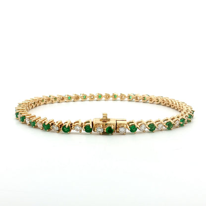 Diamond & Emerald Tennis Bracelet 14k Yellow Gold