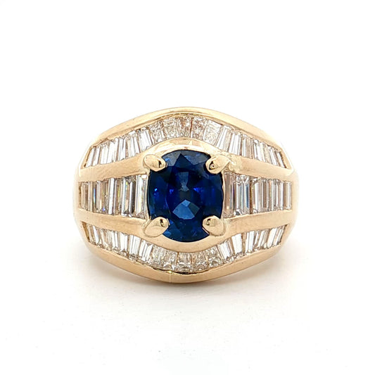 1.69 Blue Sapphire & Diamond Cocktail Ring 18k Yellow Gold