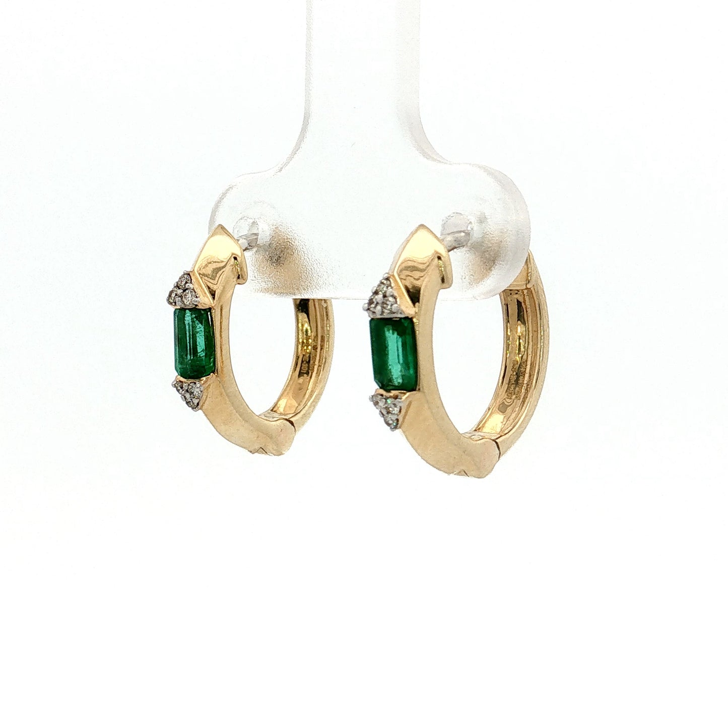 Baguette Emerald & Diamond Hoop Earrings 14k Yellow Gold