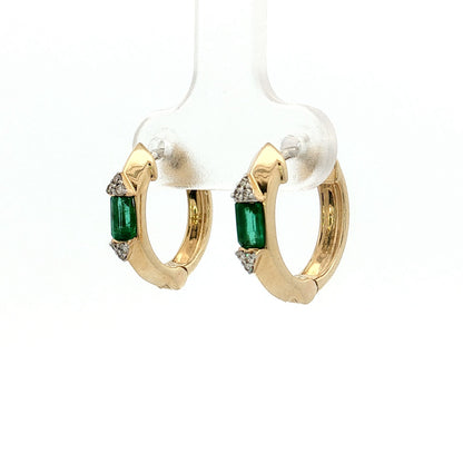 Baguette Emerald & Diamond Hoop Earrings 14k Yellow Gold