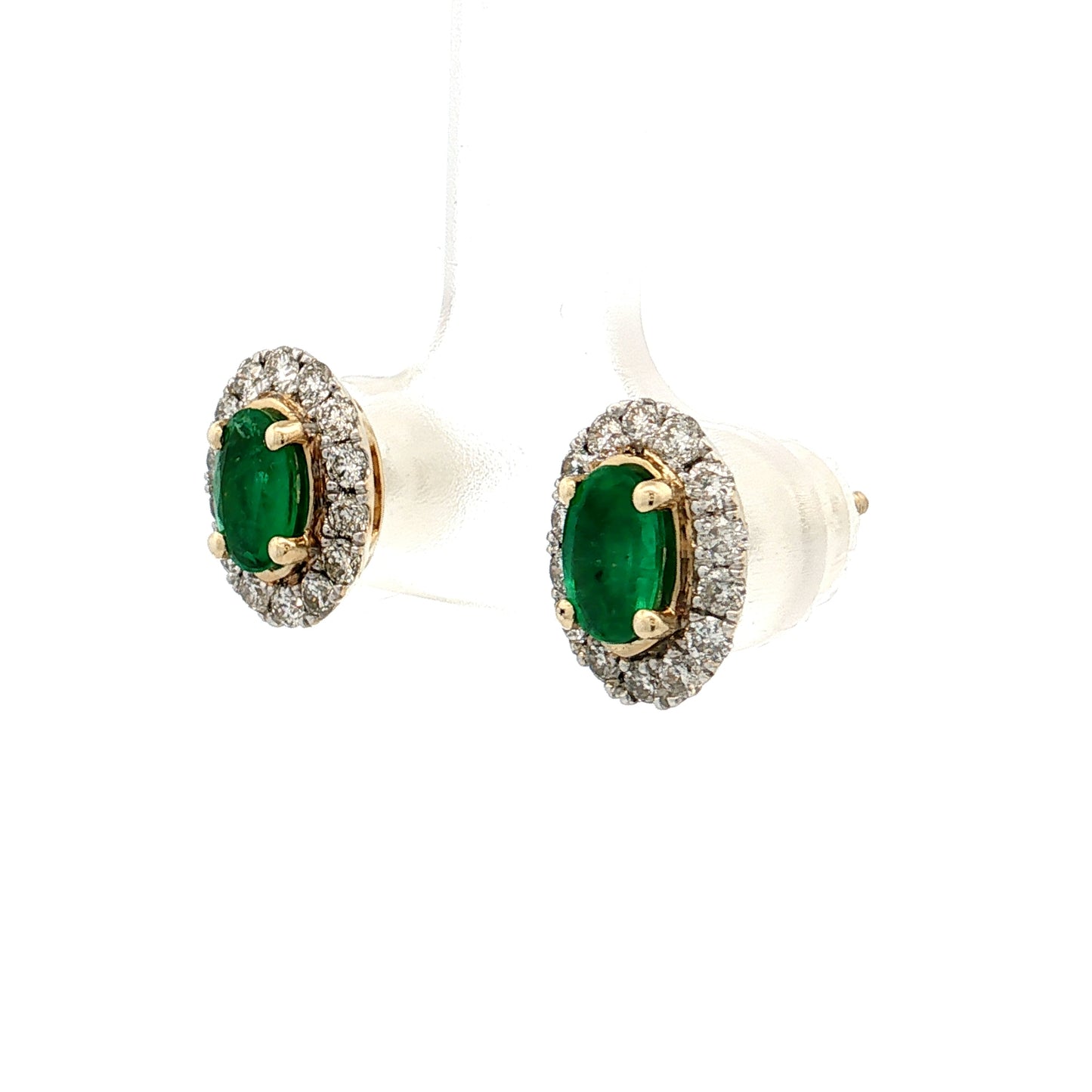 Oval Emerald & Diamond Halo Stud Earrings 14k
