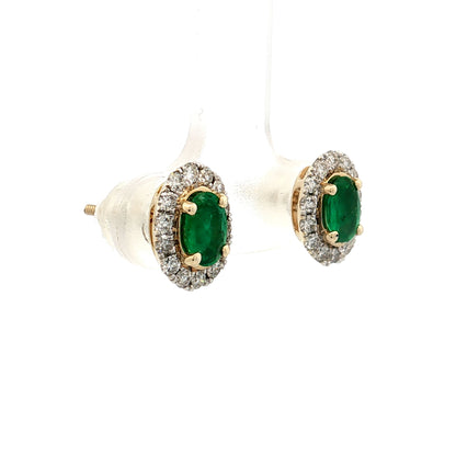 Oval Emerald & Diamond Halo Stud Earrings 14k