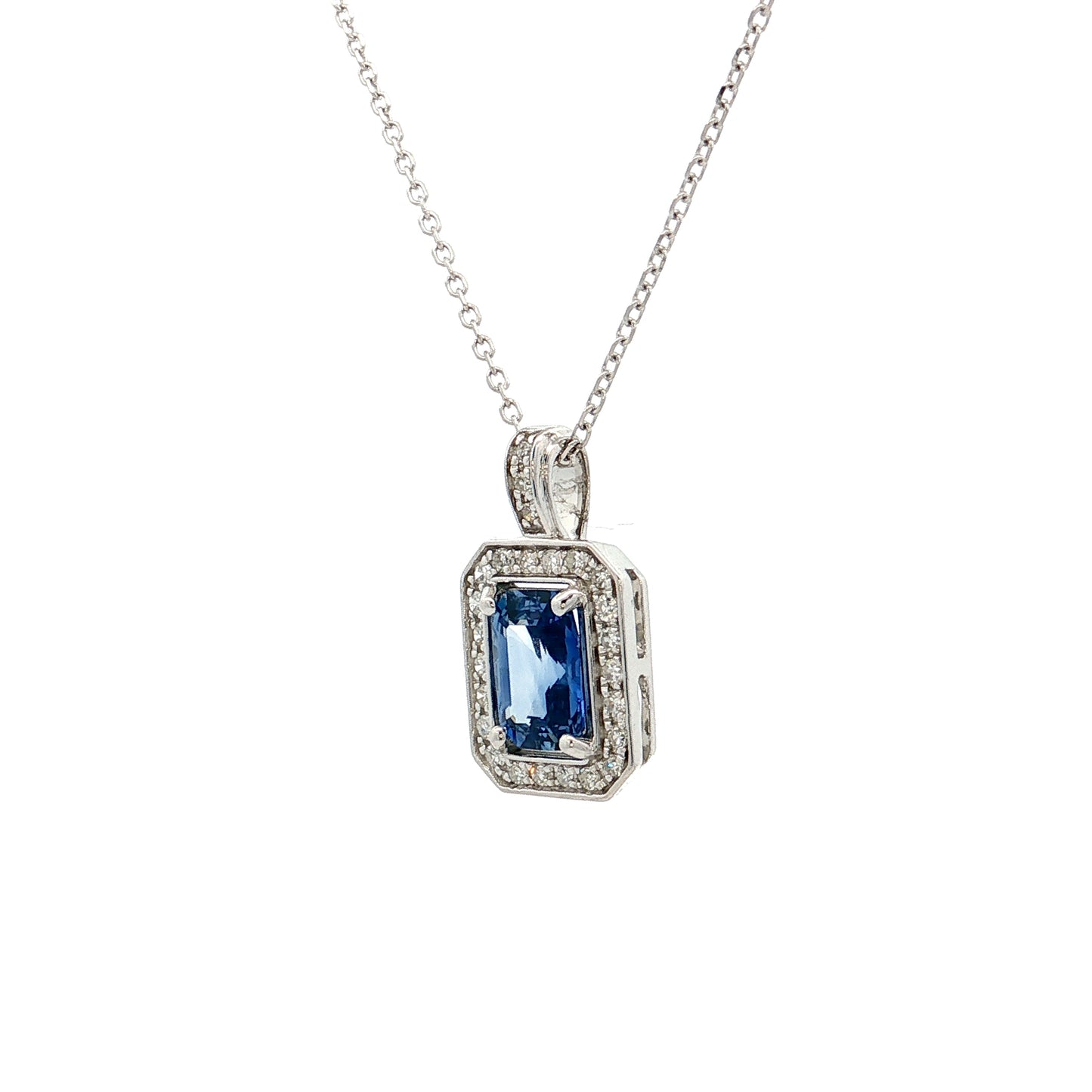 .95 Blue Sapphire Emerald Cut Pendant 14k White Gold