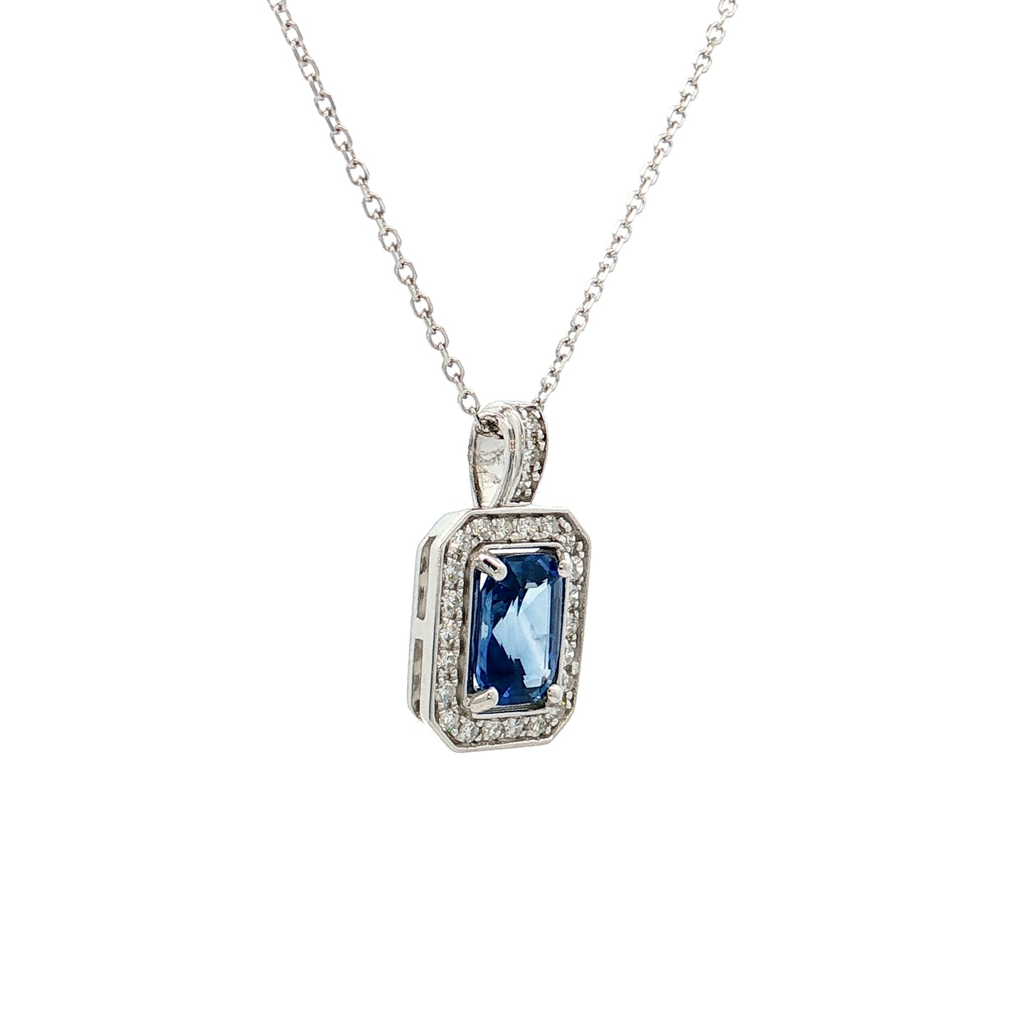 .95 Blue Sapphire Emerald Cut Pendant 14k White Gold