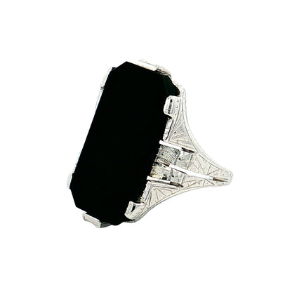 Antique Art Deco Onyx Cocktail Ring 14k White Gold
