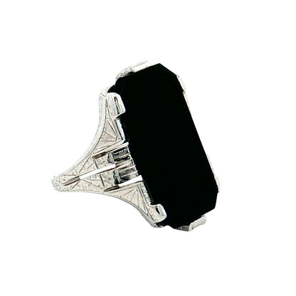 Antique Art Deco Onyx Cocktail Ring 14k White Gold