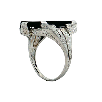 Antique Art Deco Onyx Cocktail Ring 14k White Gold