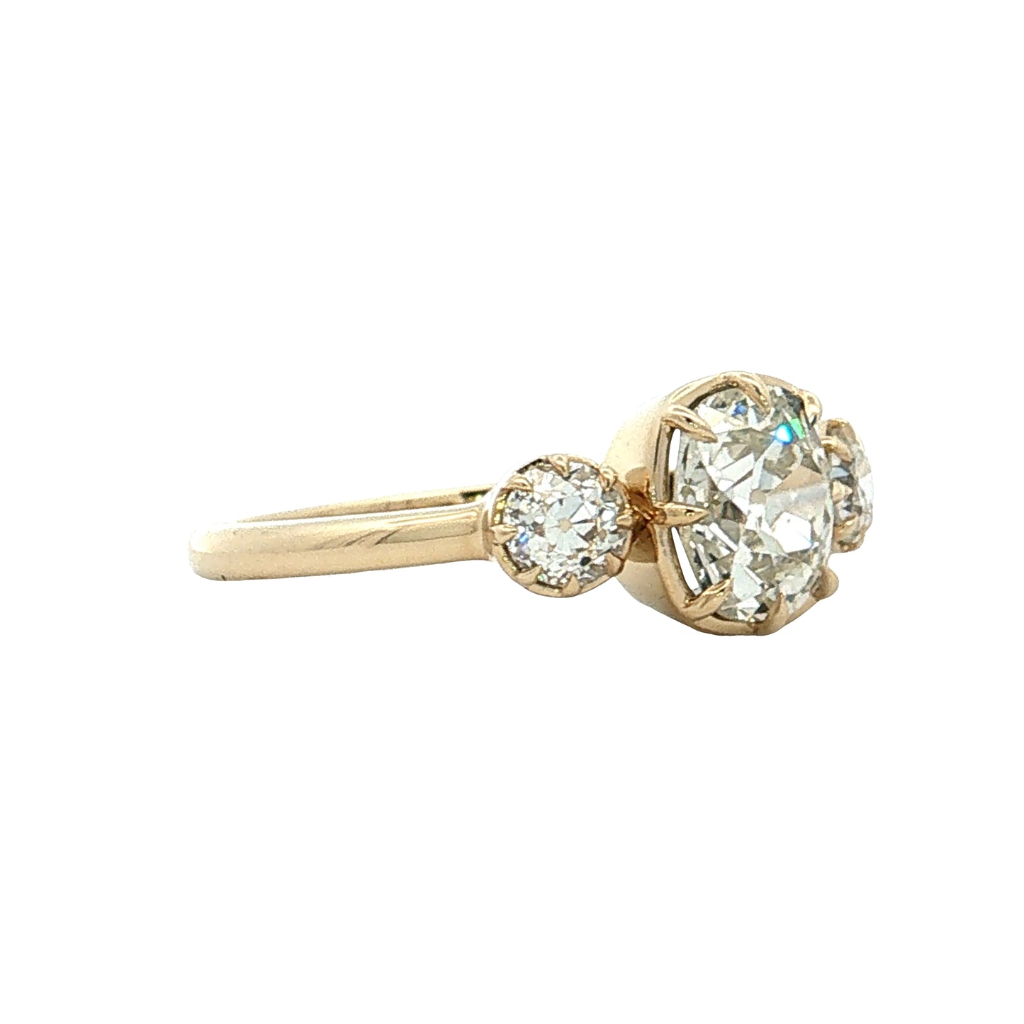 1.47 Old Mine Cushion Diamond Three Stone Ring 14k
