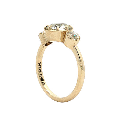 1.47 Old Mine Cushion Diamond Three Stone Ring 14k