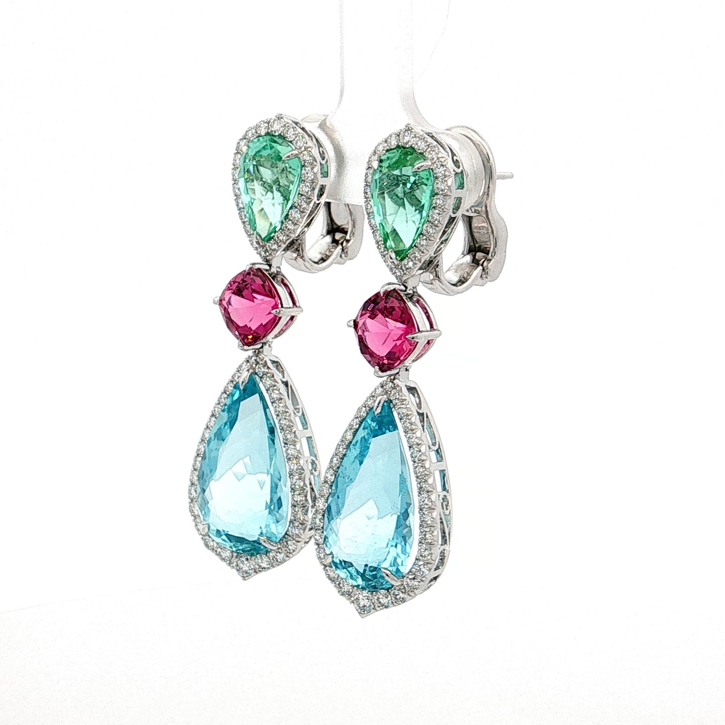 13.85 Aquamarine Tourmaline Diamond Drop Earrings Platinum