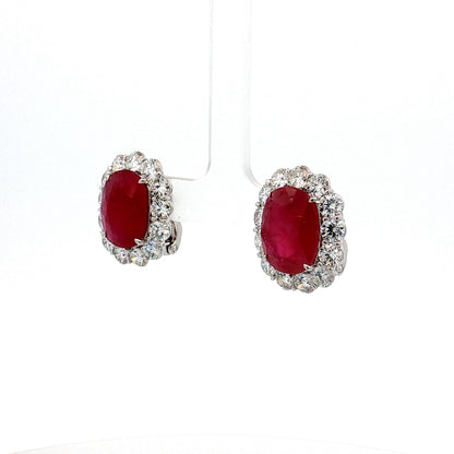 14.07 Cushion Ruby Diamond Halo Stud Earrings Platinum