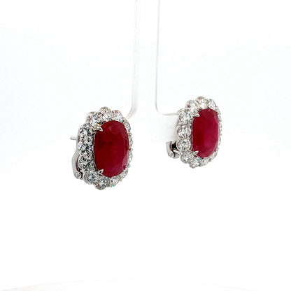 14.07 Cushion Ruby Diamond Halo Stud Earrings Platinum