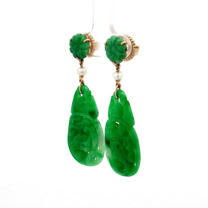 Antique Art Nouveau Jadeite & Pearl Drop Earrings 18k