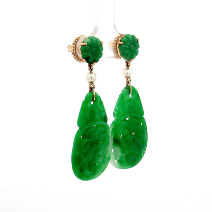 Antique Art Nouveau Jadeite & Pearl Drop Earrings 18k