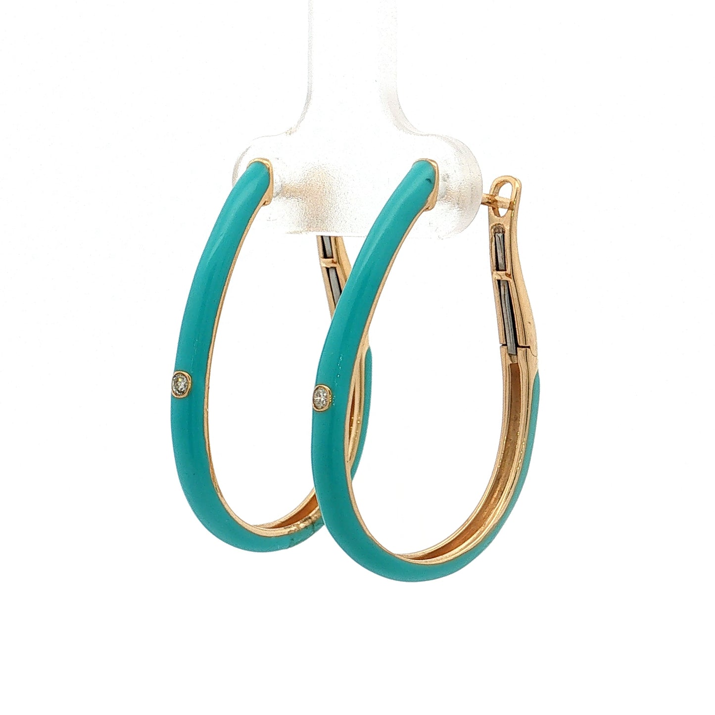 Turquoise Enamel Diamond Hoop Earrings 14k