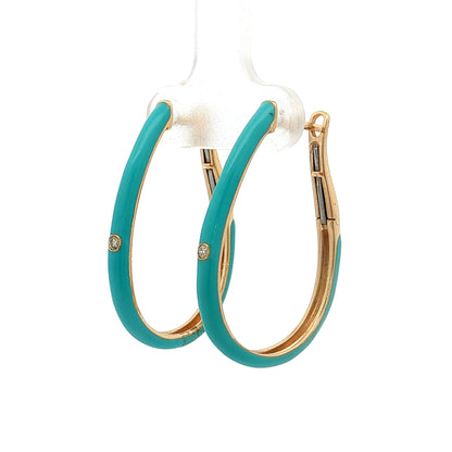 Turquoise Enamel Diamond Hoop Earrings 14k