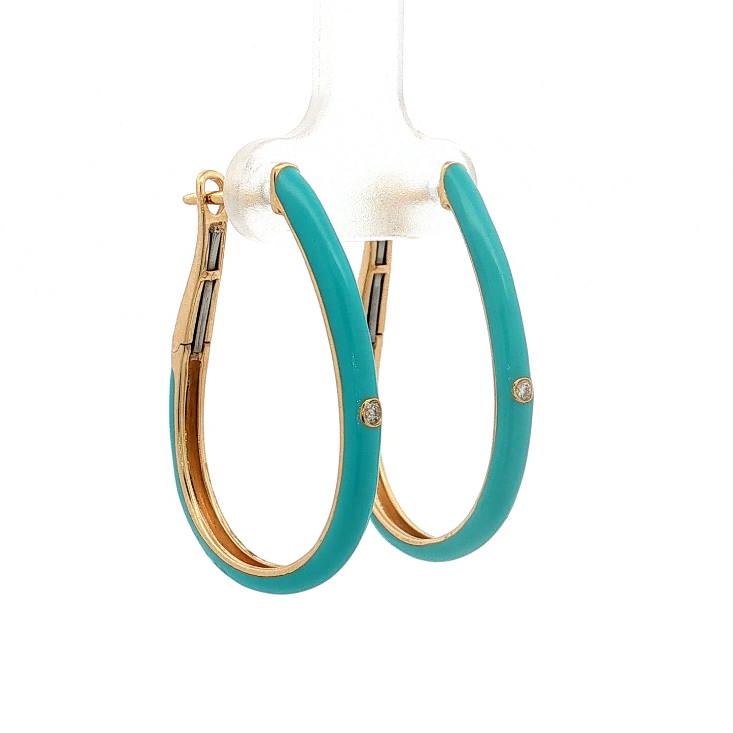 Turquoise Enamel Diamond Hoop Earrings 14k