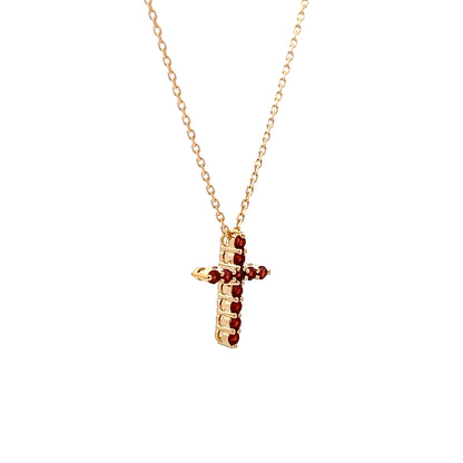 Garnet Cross Pendant Necklace 14k Yellow Gold