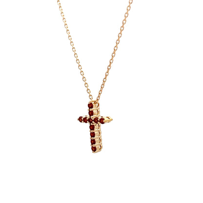 Garnet Cross Pendant Necklace 14k Yellow Gold