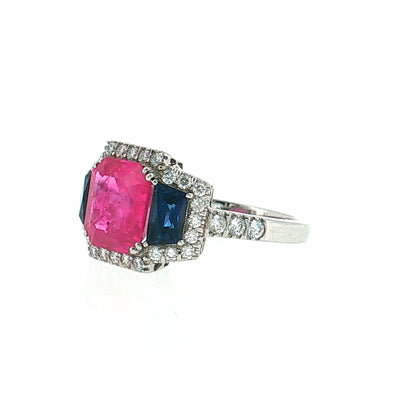 3.03 Pink Sapphire Three Stone Halo Ring Platinum