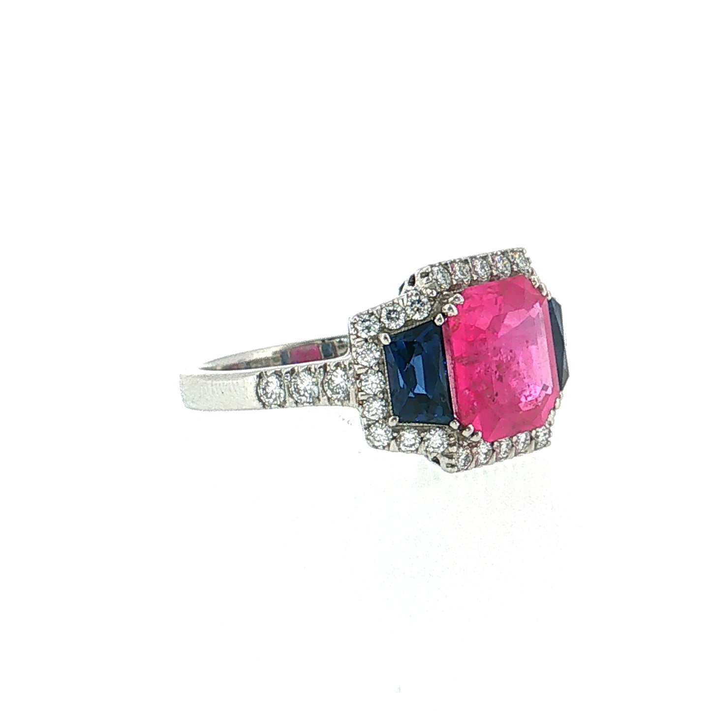 3.03 Pink Sapphire Three Stone Halo Ring Platinum