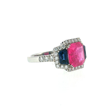 3.03 Pink Sapphire Three Stone Halo Ring Platinum