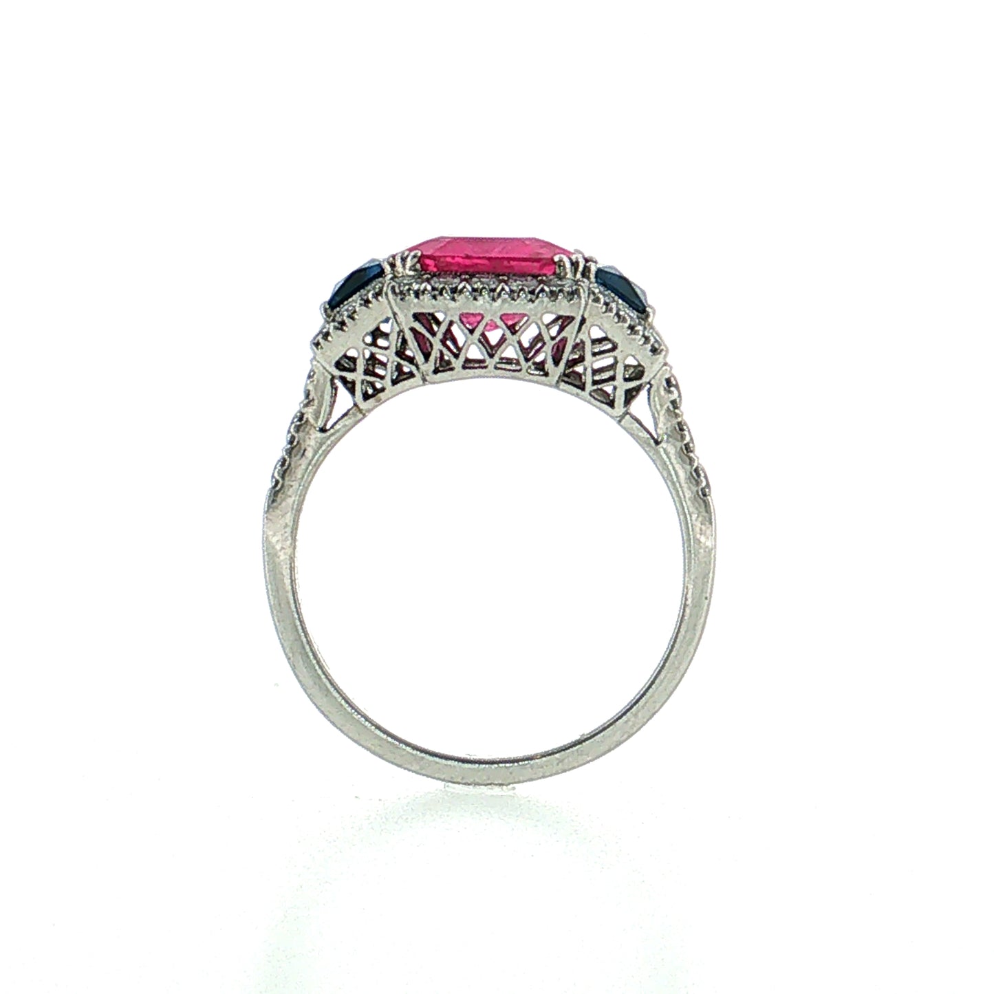 3.03 Pink Sapphire Three Stone Halo Ring Platinum
