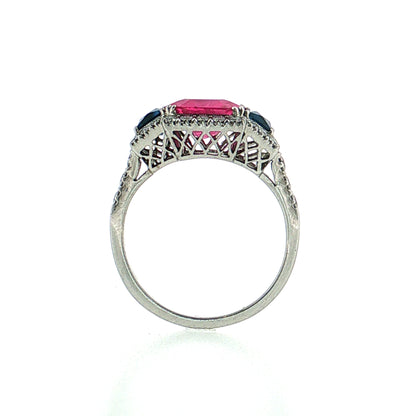 3.03 Pink Sapphire Three Stone Halo Ring Platinum
