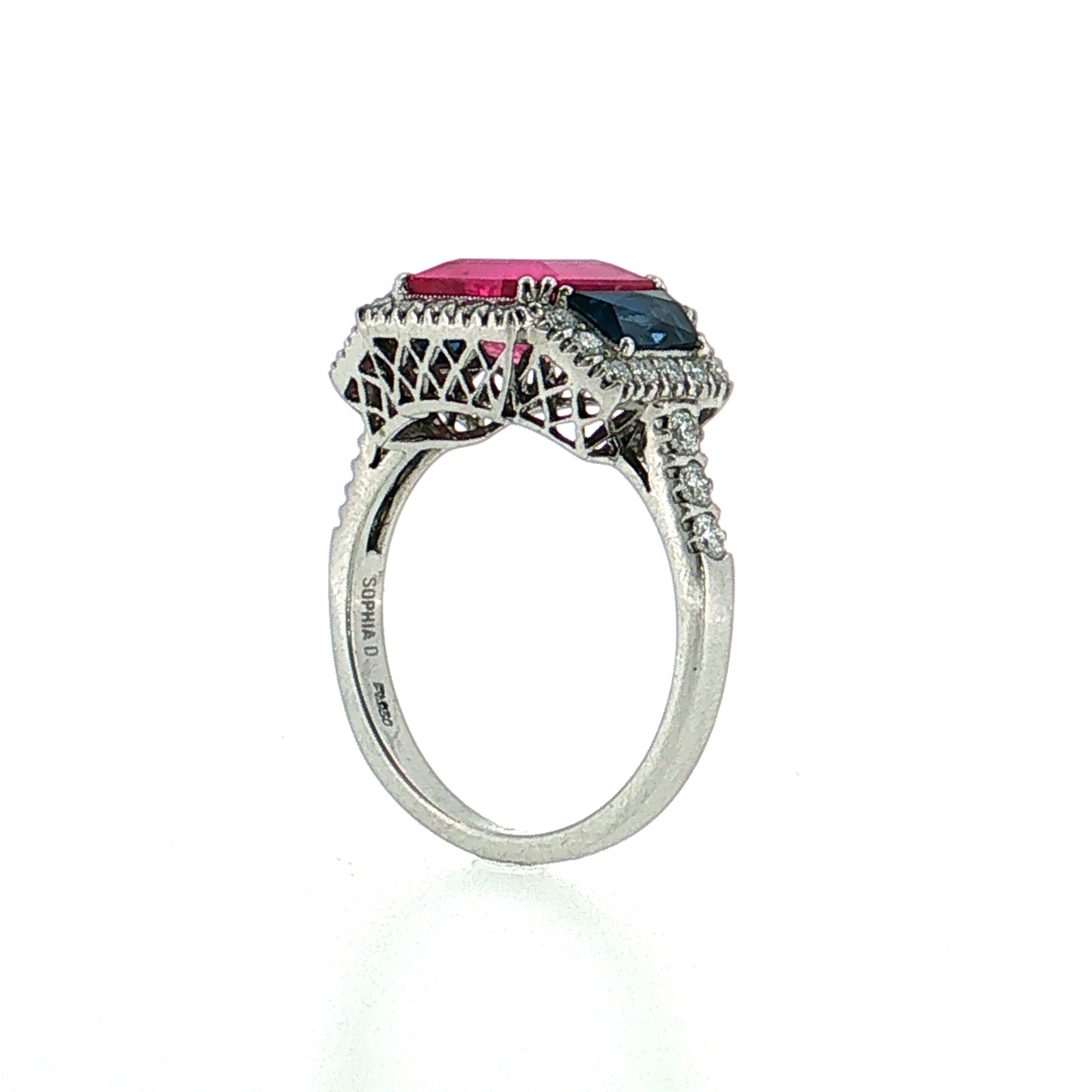 3.03 Pink Sapphire Three Stone Halo Ring Platinum