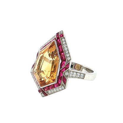 7.79 Citrine Ruby Diamond Cocktail Ring Platinum