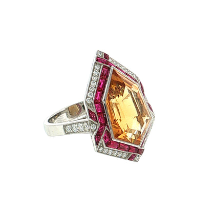 7.79 Citrine Ruby Diamond Cocktail Ring Platinum