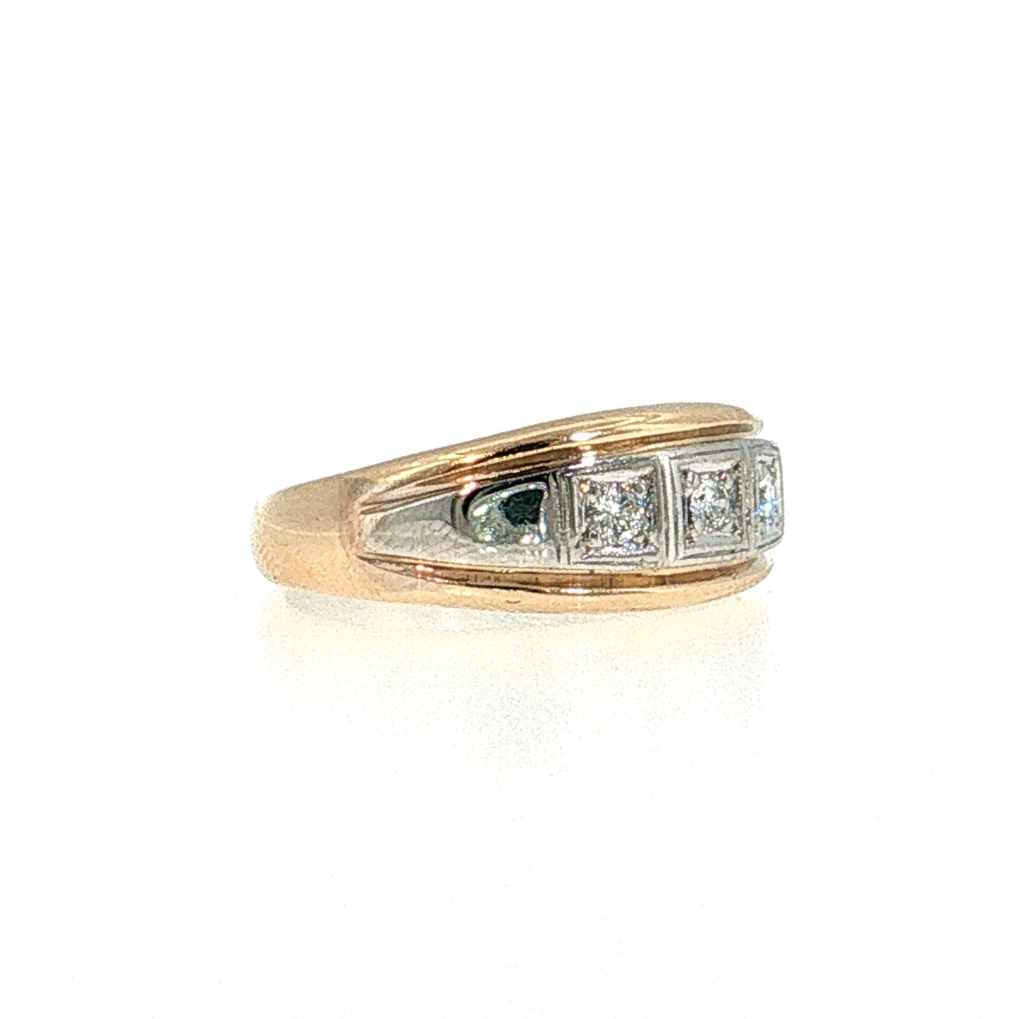 Modern Three Stone Diamond Men's Ring 14k Two-Tone Gold