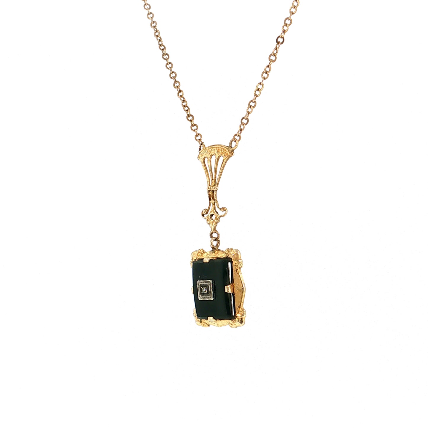 19" Vintage Retro Diamond & Onyx Pendant Necklace 10k