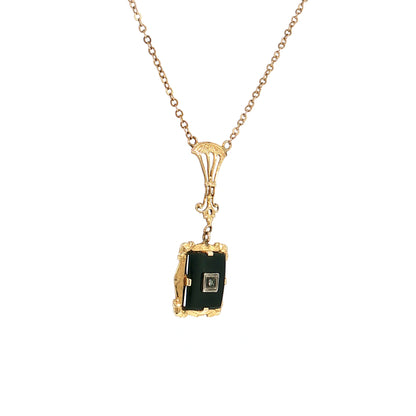 19" Vintage Retro Diamond & Onyx Pendant Necklace 10k