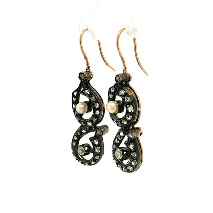.82 Georgian Diamond & Pearl Drop Earrings Silver & 14k